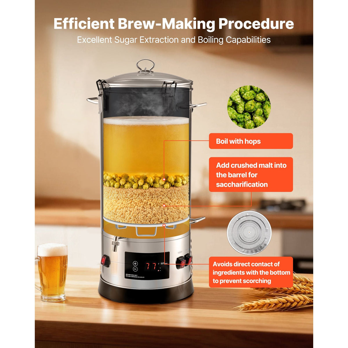 Beer Brewing Equipment, 8 Gal/30L 304 Stainless Steel Home Beer Brewer,1500W All-in-One Home Brewing Kit with Tall strainer, Integrated Inner Barrel & Reinforced Handle