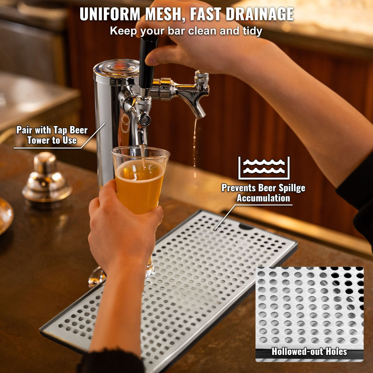 Beer Drip Tray, 304 Stainless Steel Kegerator Drip Trays with 4 Non-Slip Rubber Pads and Detachable Cover, Heat / Cold Resistant Beer Tower Drip Pan for Bar Restaurant Coffee Shop Home