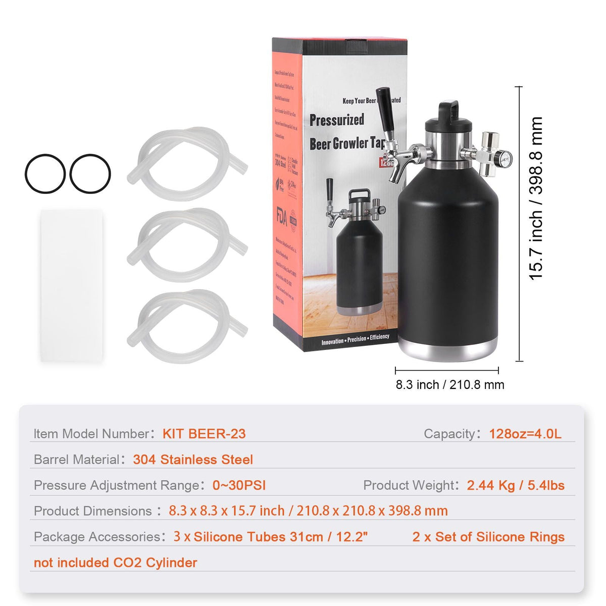 Beer Growler Tap System, 128Oz 4L Mini Keg, 304 Stainless Steel Pressurized Beer Growler, Keg Growler with Pressure Display, CO2 Regulator Faucet, Leak-Proof Ring For Draft, Homebrew, Craft Beer