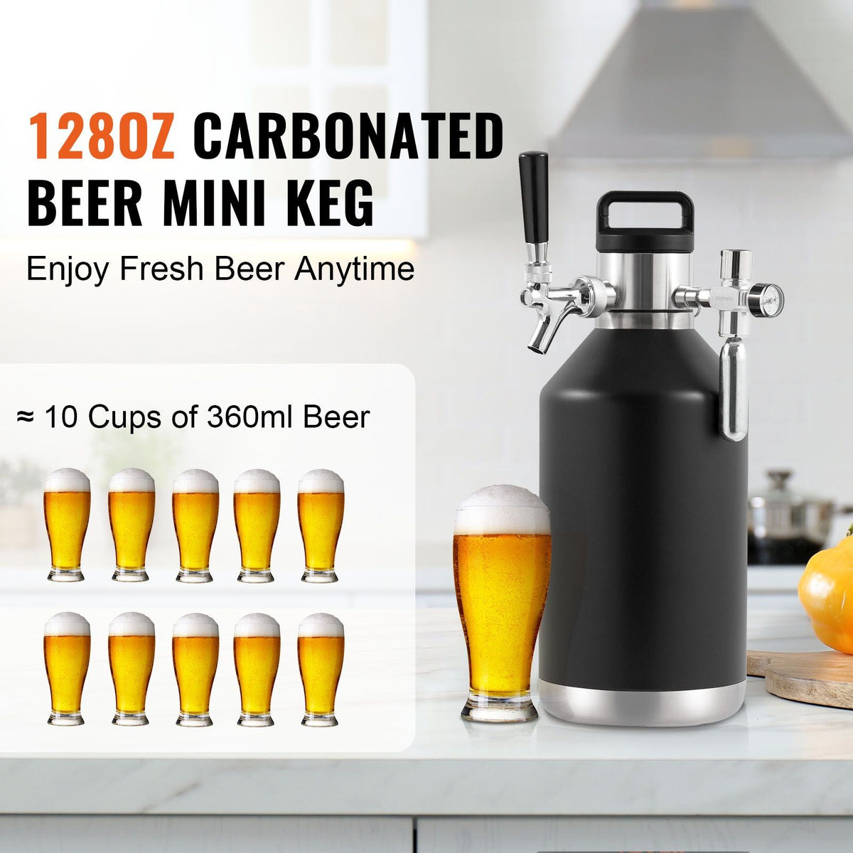 Beer Growler Tap System, 128Oz 4L Mini Keg, 304 Stainless Steel Pressurized Beer Growler, Keg Growler with Pressure Display, CO2 Regulator Faucet, Leak-Proof Ring For Draft, Homebrew, Craft Beer