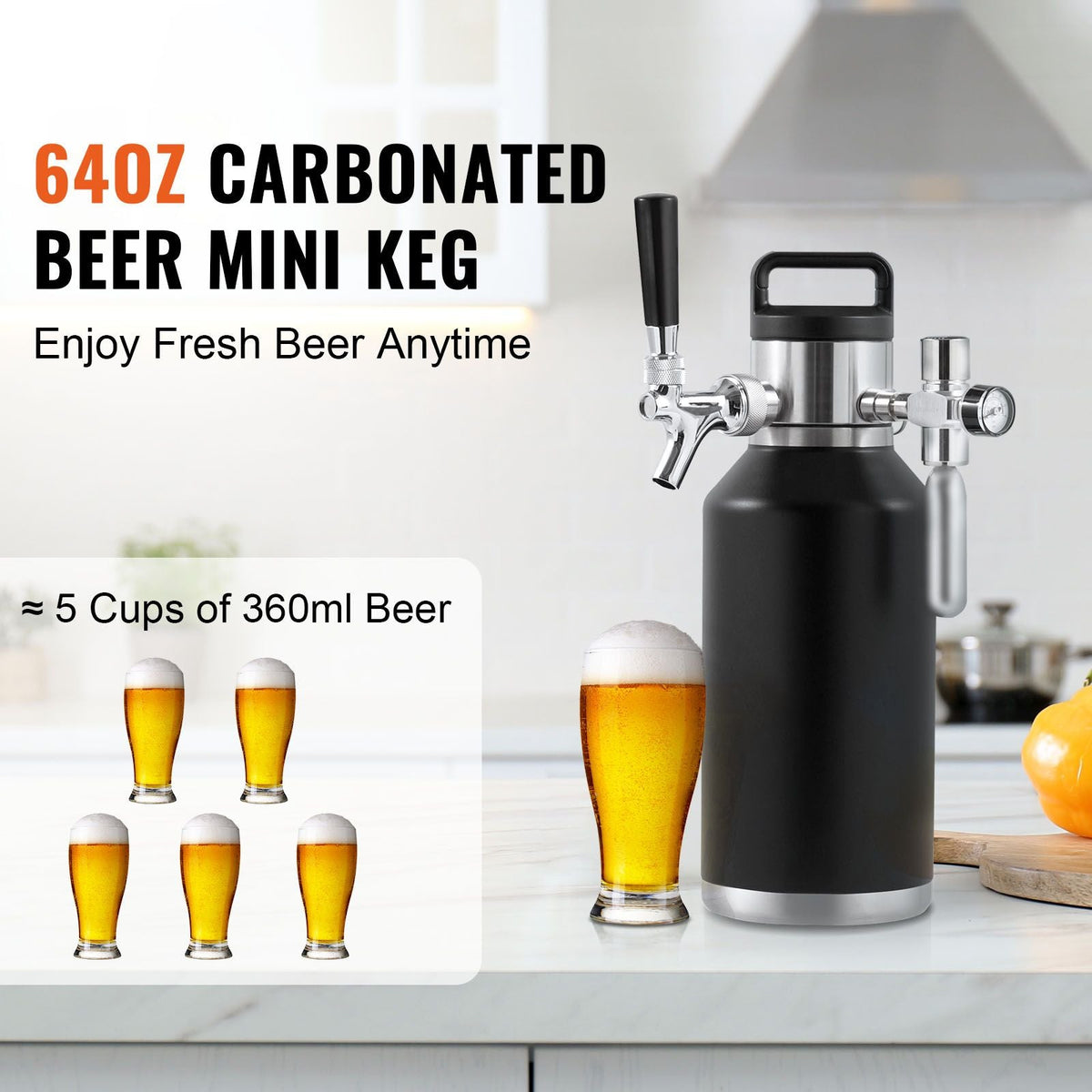 Beer Growler Tap System, 64Oz 1.89L Mini Keg, 304 Stainless Steel Pressurized Beer Growler, Keg Growler with Pressure Display, CO2 Regulator Faucet, Leak-Proof Ring For Draft Homebrew Craft Beer