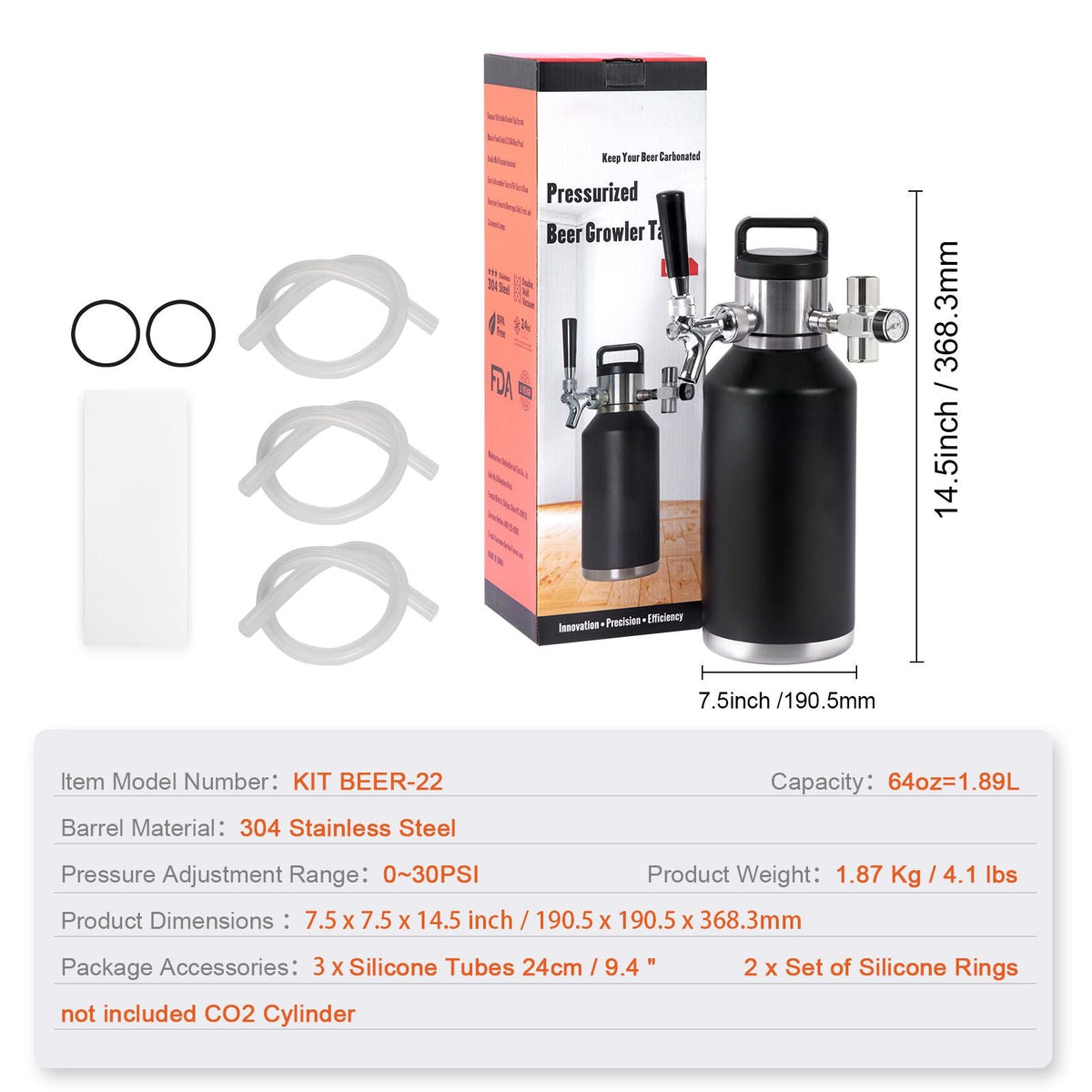 Beer Growler Tap System, 64Oz 1.89L Mini Keg, 304 Stainless Steel Pressurized Beer Growler, Keg Growler with Pressure Display, CO2 Regulator Faucet, Leak-Proof Ring For Draft Homebrew Craft Beer