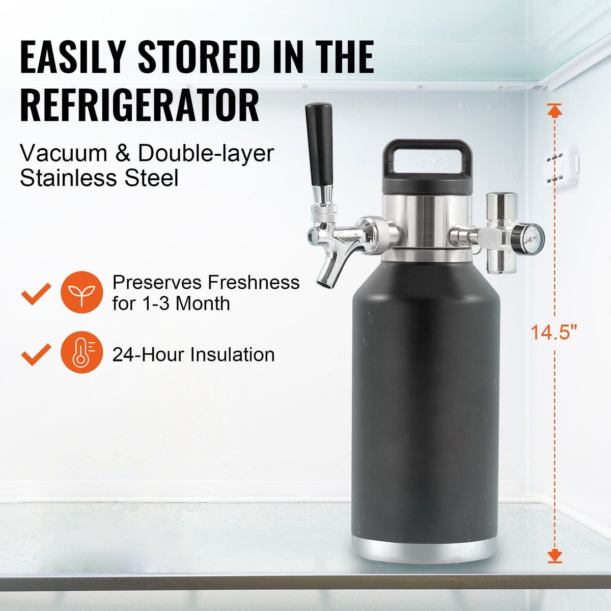 Beer Growler Tap System, 64Oz 1.89L Mini Keg, 304 Stainless Steel Pressurized Beer Growler, Keg Growler with Pressure Display, CO2 Regulator Faucet, Leak-Proof Ring For Draft Homebrew Craft Beer