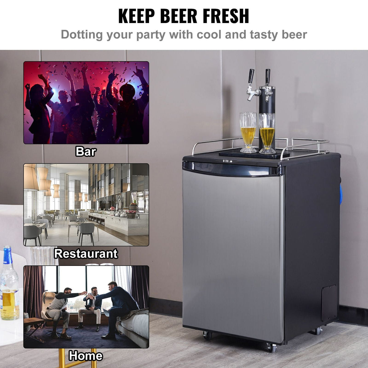 Beer Kegerator, Dual Tap Draft Beer Dispenser, CO2 Cylinder, Drip Tray & Rail, 32 Fahrenheit - 75.2 Fahrenheit Temperature Control, Holds 1/6, 1/4, 1/2 Barrels, Black