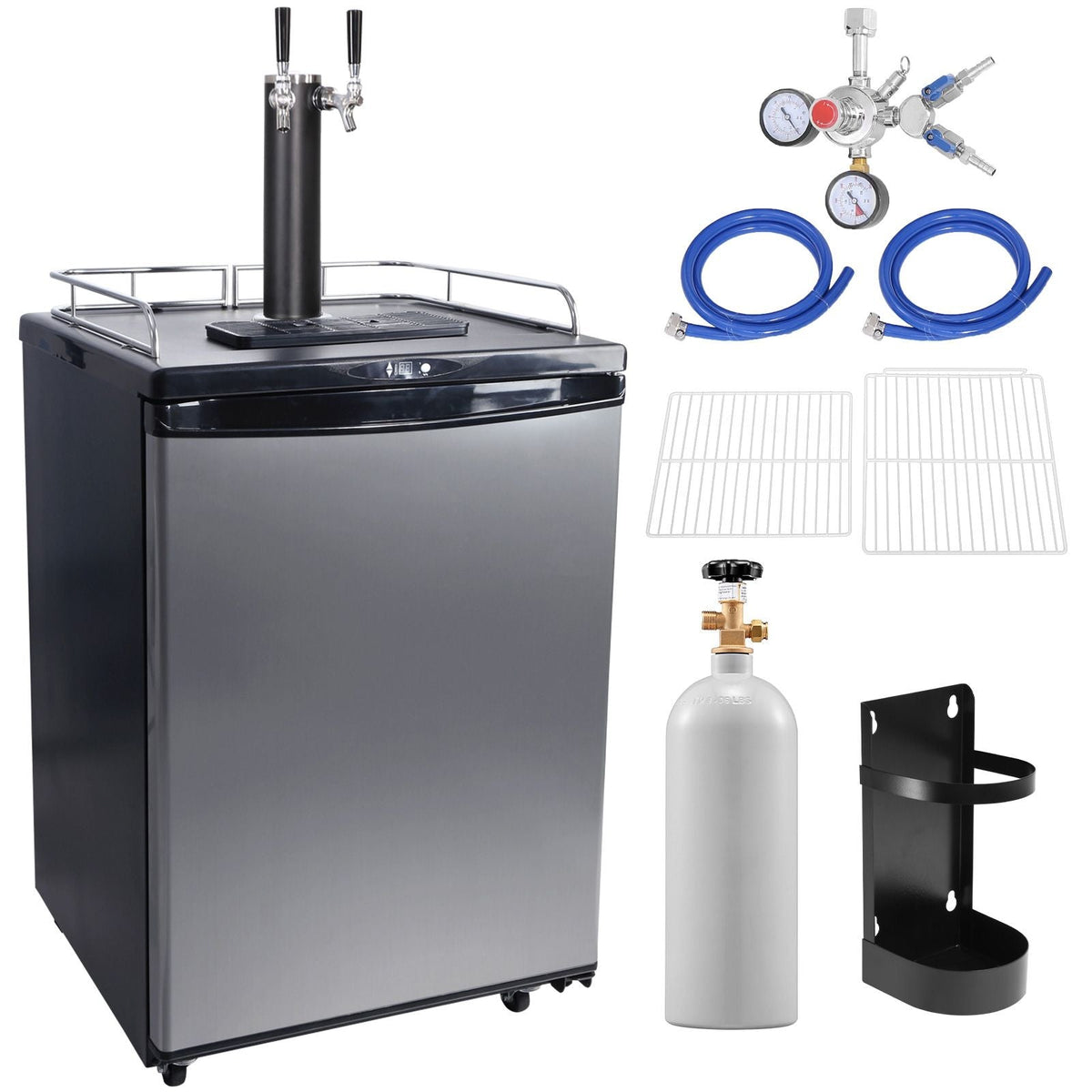 Beer Kegerator, Dual Tap Draft Beer Dispenser, CO2 Cylinder, Drip Tray & Rail, 32 Fahrenheit - 75.2 Fahrenheit Temperature Control, Holds 1/6, 1/4, 1/2 Barrels, Black