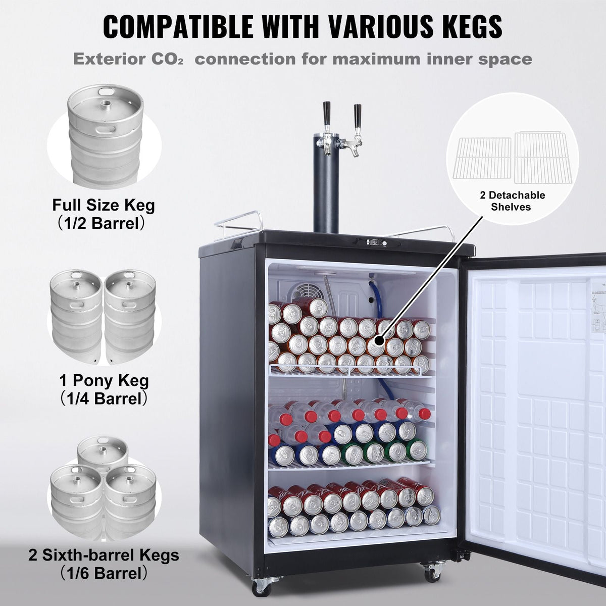 Beer Kegerator, Dual Tap Draft Beer Dispenser, CO2 Cylinder, Drip Tray & Rail, 32 Fahrenheit - 75.2 Fahrenheit Temperature Control, Holds 1/6, 1/4, 1/2 Barrels, Black