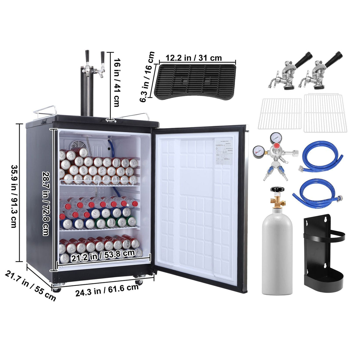 Beer Kegerator, Dual Tap Draft Beer Dispenser, CO2 Cylinder, Drip Tray & Rail, 32 Fahrenheit - 75.2 Fahrenheit Temperature Control, Holds 1/6, 1/4, 1/2 Barrels, Black