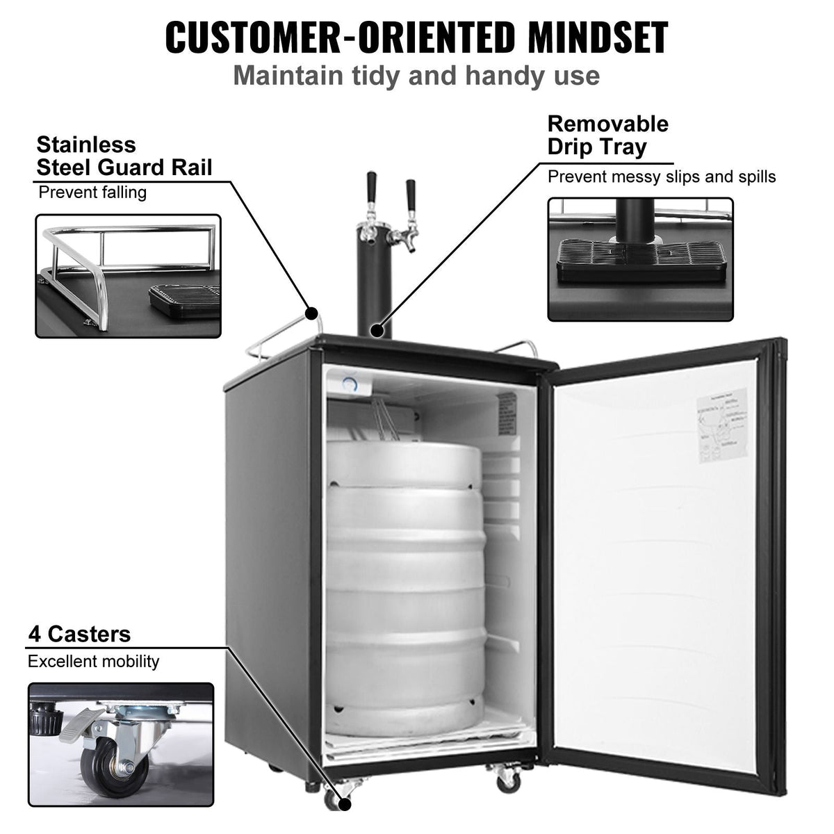 Beer Kegerator, Dual Tap Draft Beer Dispenser, Full Size Keg Refrigerator with CO2 Cylinder, Shelves, Drip Tray & Rail, 32 - 50 Fahrenheit Temperature Control, Hold 1/6, 1/4, 1/2 Barrels, Black