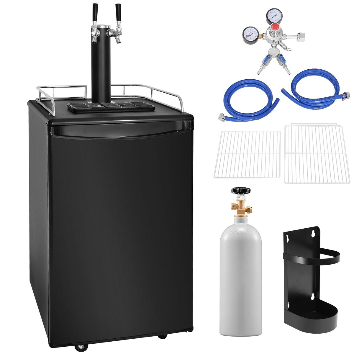 Beer Kegerator, Dual Tap Draft Beer Dispenser, Full Size Keg Refrigerator with CO2 Cylinder, Shelves, Drip Tray & Rail, 32 - 50 Fahrenheit Temperature Control, Hold 1/6, 1/4, 1/2 Barrels, Black