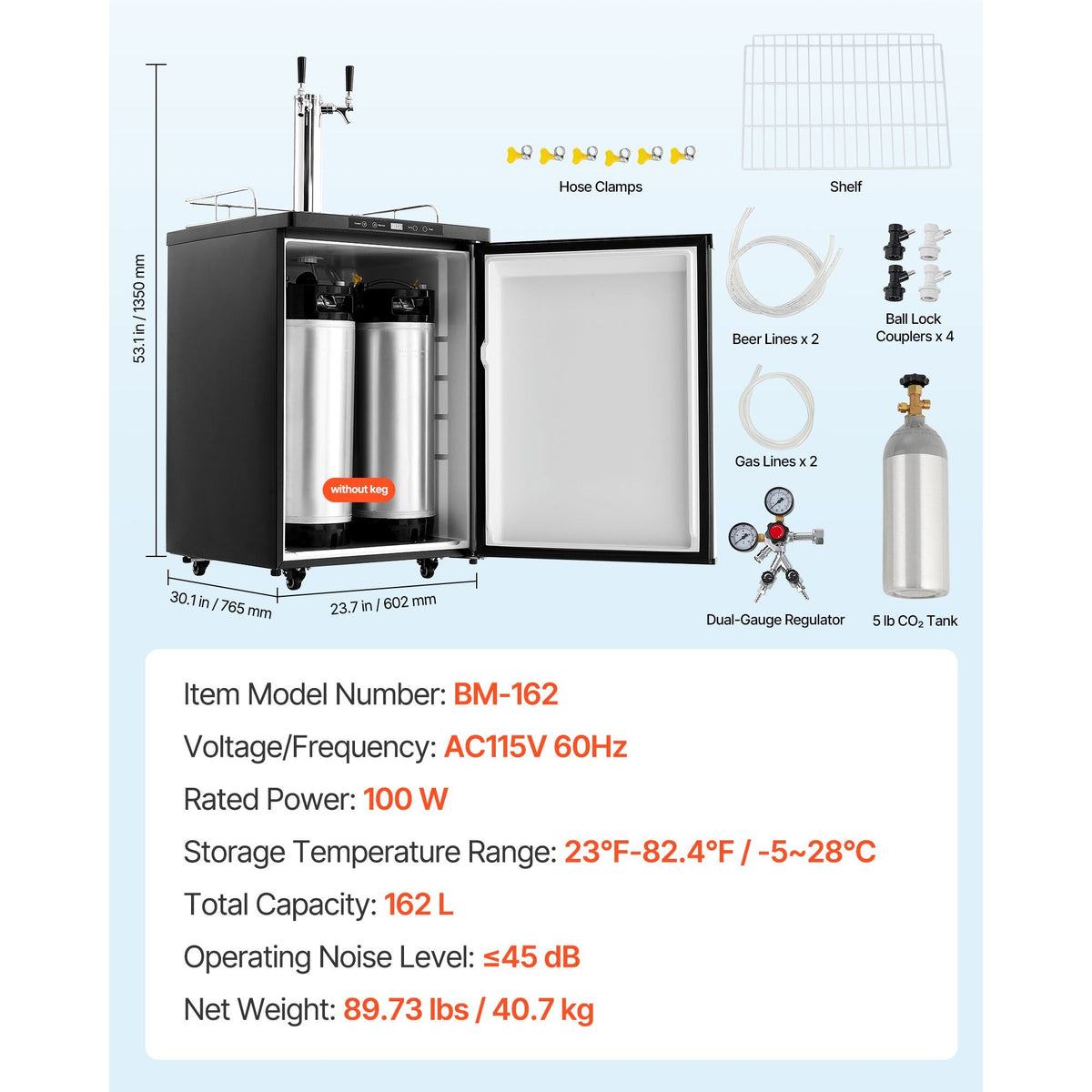 Beer Kegerator, Dual Tap Home Draft Beer Dispenser for Ball Lock, Full Size Keg Refrigerator with 5lbs CO2 Tank, Hold 2 Sixth / 2 Slim / 3 Ball lock keg, 162L