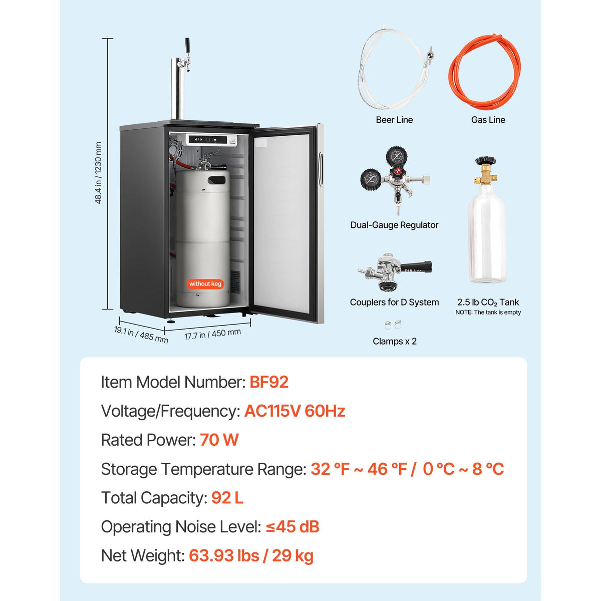 Beer Kegerator, Single Tap Commercial Draft Beer Dispenser for D system, Refrigerator With Shelves, Hold 1 Sixth Keg, 2.5lbs CO2 Tank, 92L