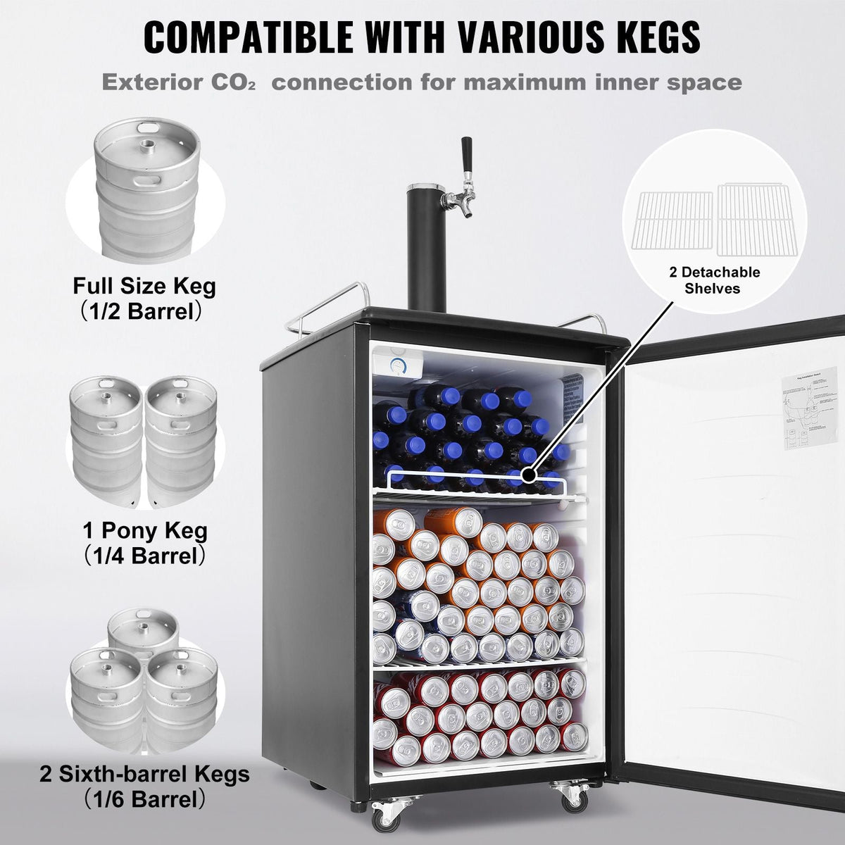 Beer Kegerator, Single Tap Draft Beer Dispenser, CO2 Cylinder, Drip Tray & Rail, 32 Fahrenheit - 50 Fahrenheit Temperature Control, Holds 1/6, 1/4, 1/2 Barrels, Black