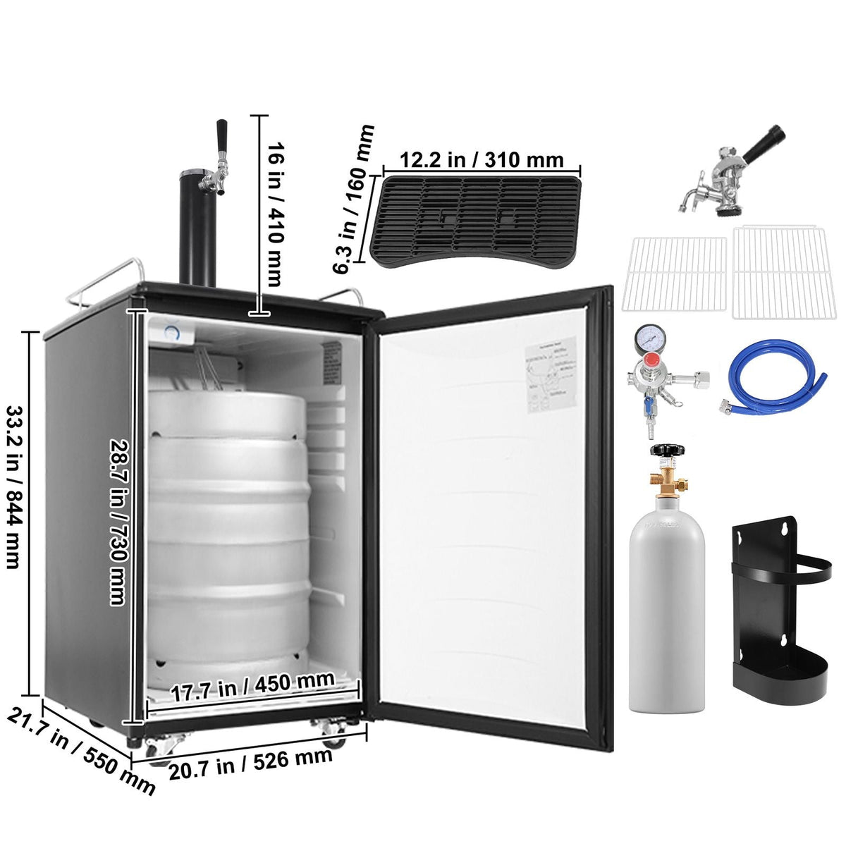 Beer Kegerator, Single Tap Draft Beer Dispenser, CO2 Cylinder, Drip Tray & Rail, 32 Fahrenheit - 50 Fahrenheit Temperature Control, Holds 1/6, 1/4, 1/2 Barrels, Black