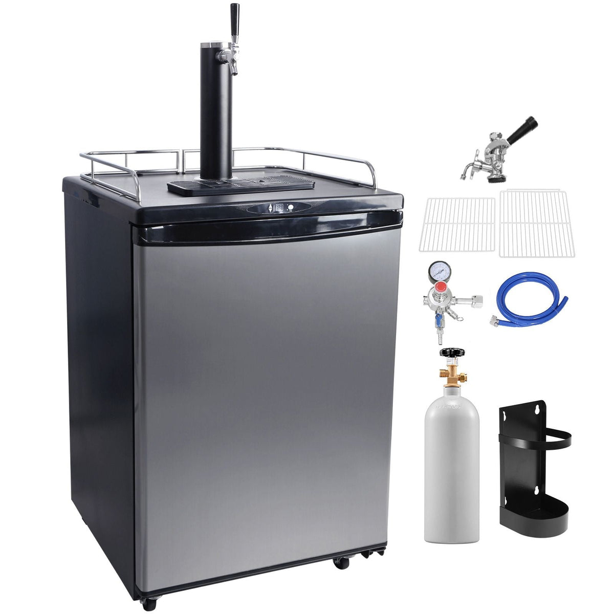 Beer Kegerator, Single Tap Draft Beer Dispenser, CO2 Cylinder, Drip Tray & Rail, 32 Fahrenheit - 75.2 Fahrenheit Temperature Control, Holds 1/6, 1/4, 1/2 Barrels, Silver
