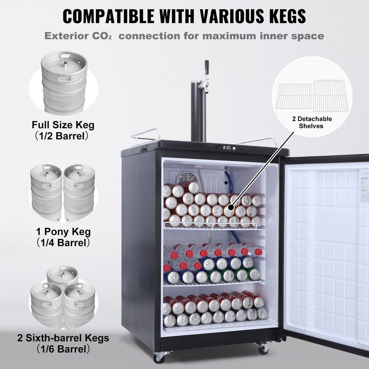 Beer Kegerator, Single Tap Draft Beer Dispenser, CO2 Cylinder, Drip Tray & Rail, 32 Fahrenheit - 75.2 Fahrenheit Temperature Control, Holds 1/6, 1/4, 1/2 Barrels, Silver