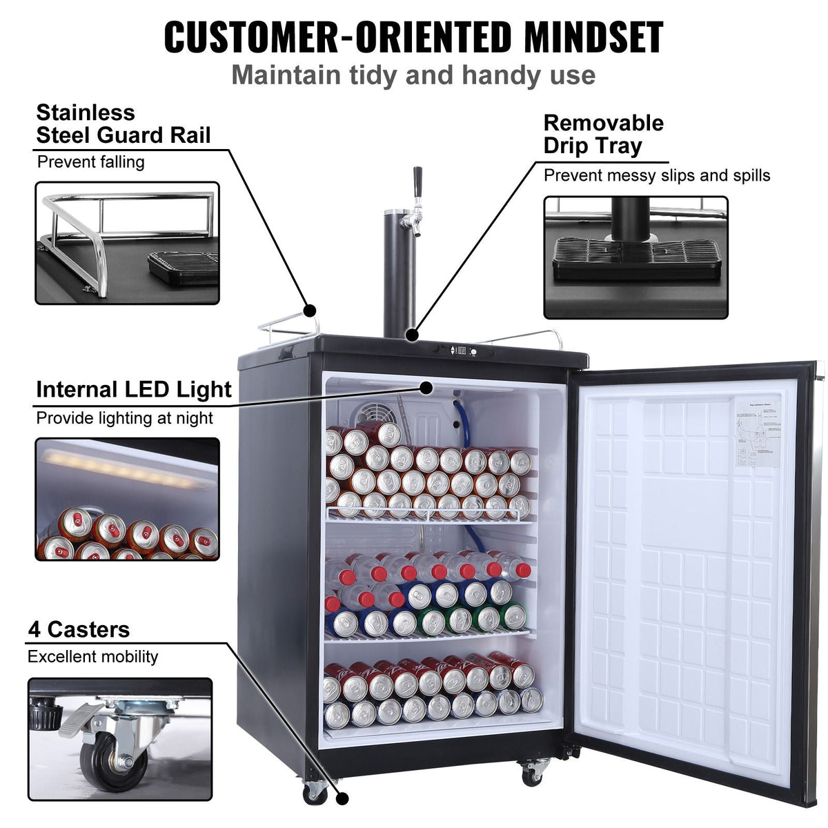 Beer Kegerator, Single Tap Draft Beer Dispenser, CO2 Cylinder, Drip Tray & Rail, 32 Fahrenheit - 75.2 Fahrenheit Temperature Control, Holds 1/6, 1/4, 1/2 Barrels, Silver