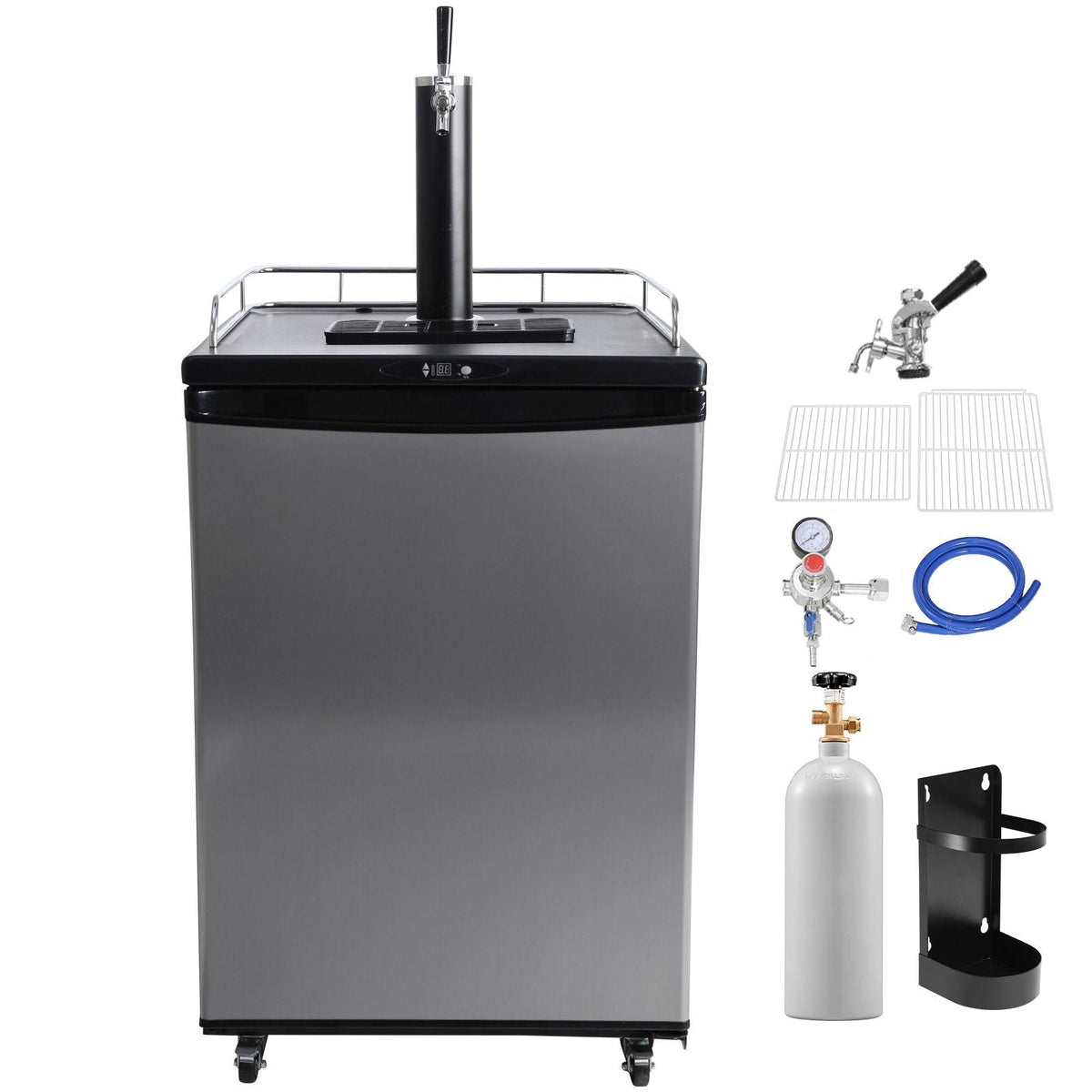 Beer Kegerator, Single Tap Draft Beer Dispenser, CO2 Cylinder, Drip Tray & Rail, 32 Fahrenheit - 75.2 Fahrenheit Temperature Control, Holds 1/6, 1/4, 1/2 Barrels, Silver