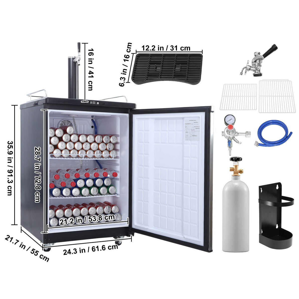 Beer Kegerator, Single Tap Draft Beer Dispenser, CO2 Cylinder, Drip Tray & Rail, 32 Fahrenheit - 75.2 Fahrenheit Temperature Control, Holds 1/6, 1/4, 1/2 Barrels, Silver
