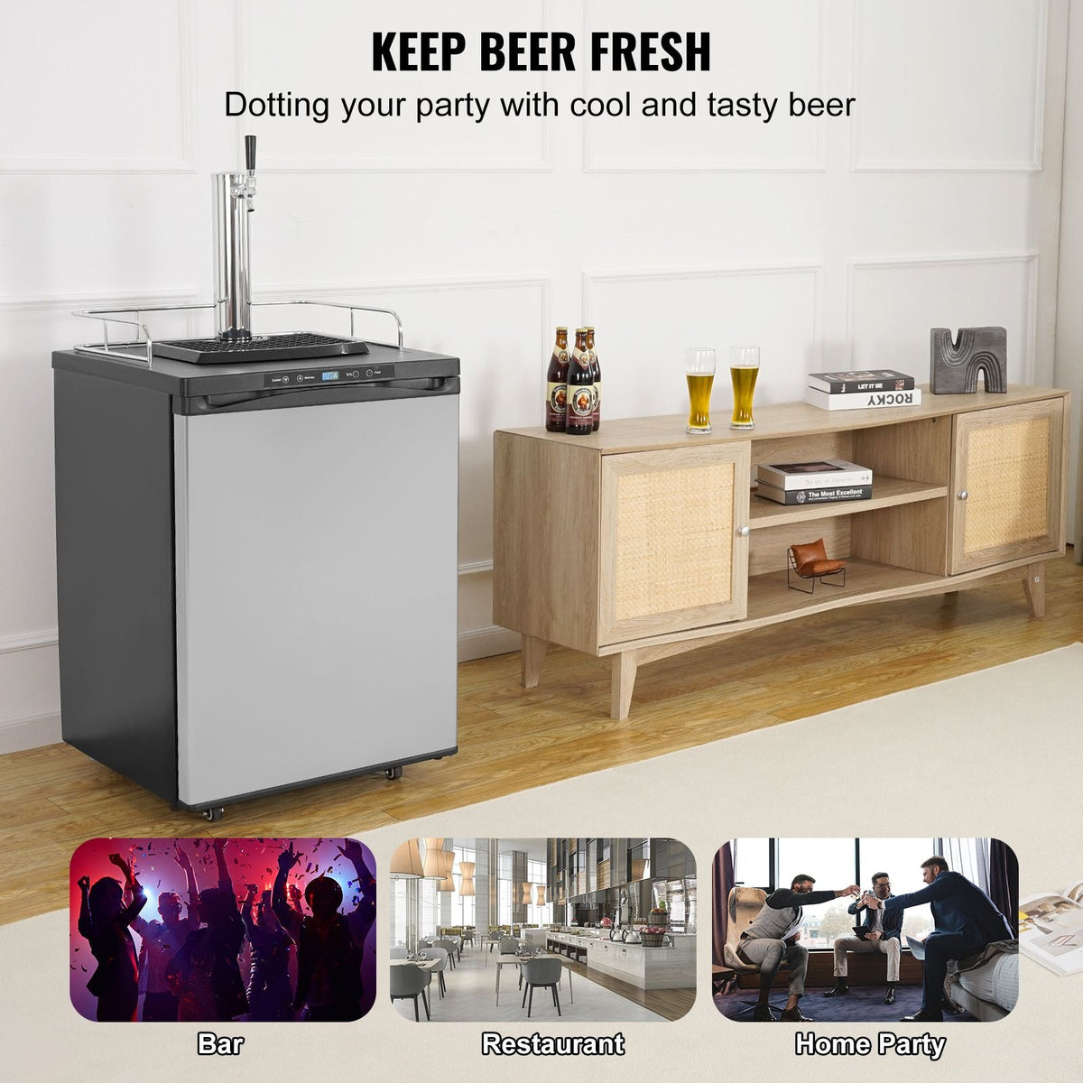Beer Kegerator, Single Tap Draft Beer Dispenser, Full Size Keg Refrigerator With Shelf, CO2 Tank(No Gas), Drip Tray & Rail, 23 Fahrenheit - 82.4 Fahrenheit Temperature Control, 162L, Silver