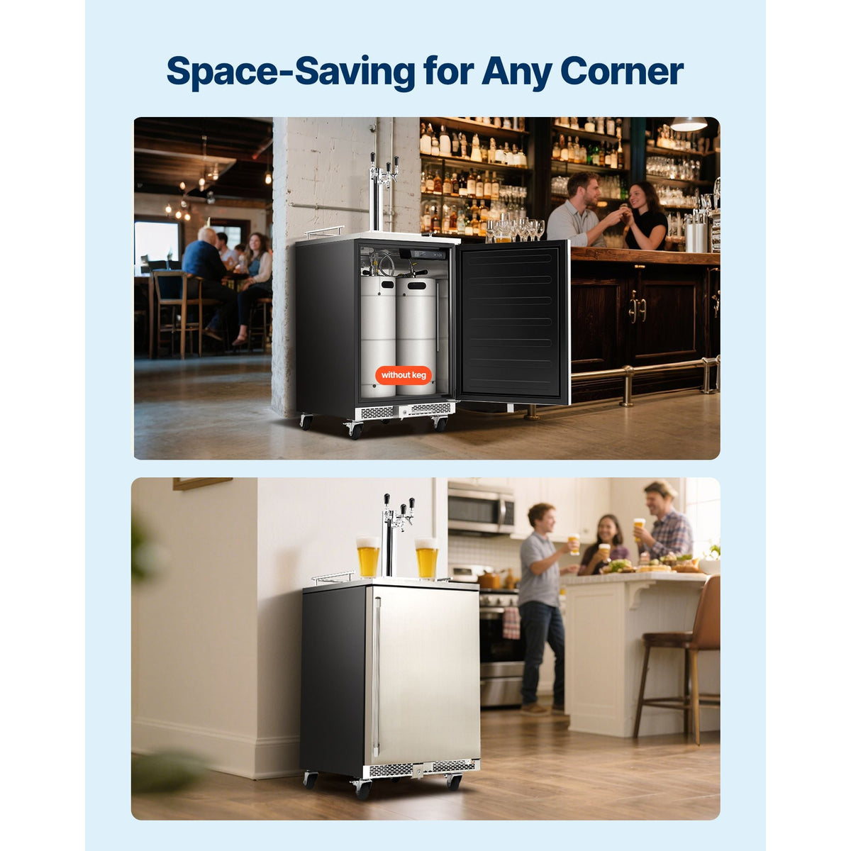 Beer Kegerator, Triple Tap Commercial Draft Beer Dispenser for D system, Full Size Keg Refrigerator with 5lbs CO2 Tank, Hold 3 Sixth / 2 Slim / 3 Ball lock keg, 160L