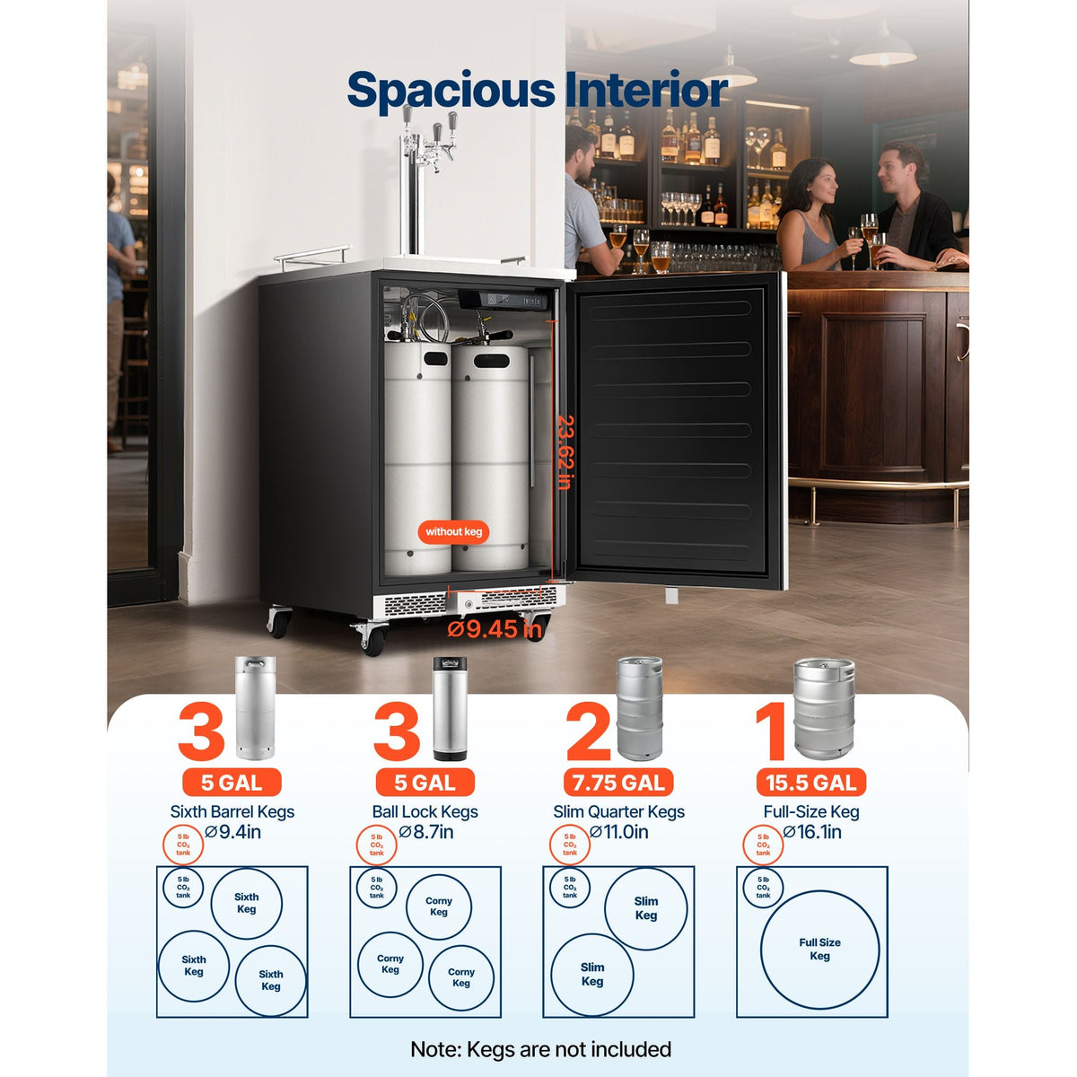 Beer Kegerator, Triple Tap Commercial Draft Beer Dispenser for D system, Full Size Keg Refrigerator with 5lbs CO2 Tank, Hold 3 Sixth / 2 Slim / 3 Ball lock keg, 160L