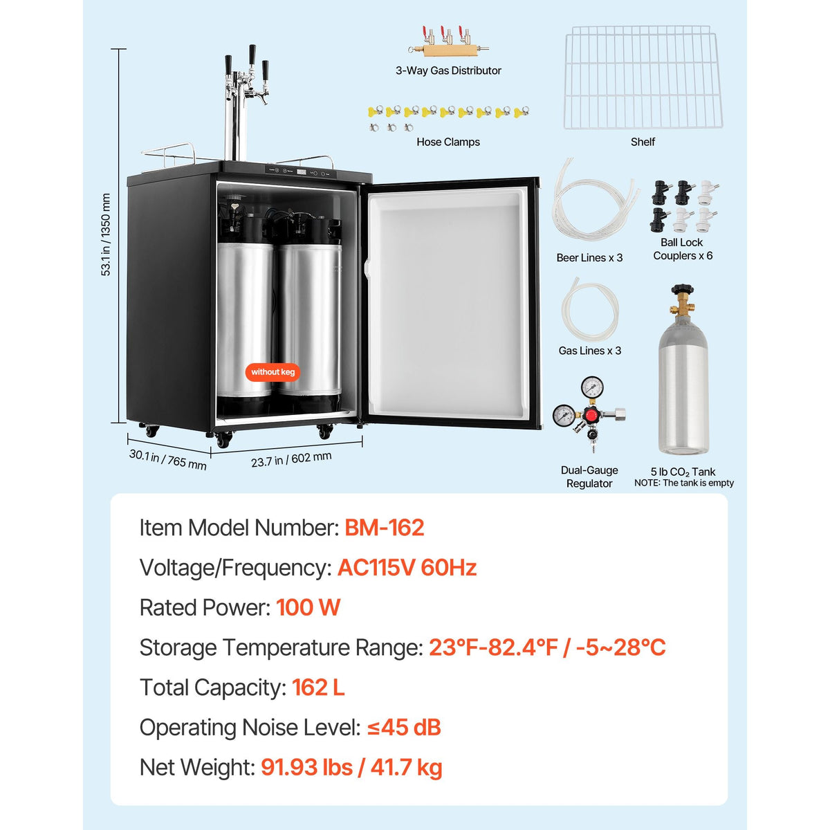 Beer Kegerator, Triple Tap Home Draft Beer Dispenser for Ball Lock, Full Size Keg Refrigerator with 5lbs CO2 Tank, Hold 2 Sixth / 2 Slim / 3 Ball lock keg, 162L
