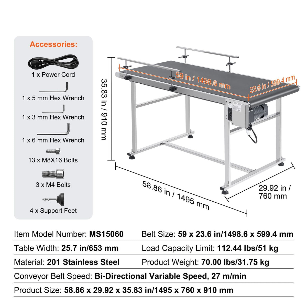 Belt Conveyor, 59 x 23.6 inch Conveyor Table, Heavy Duty Stainless Steel Motorized Belt Conveyor for Inkjet Coding Applications Powered PVC Belt Anti-Static Adjustable Speed (Double Guardrail)