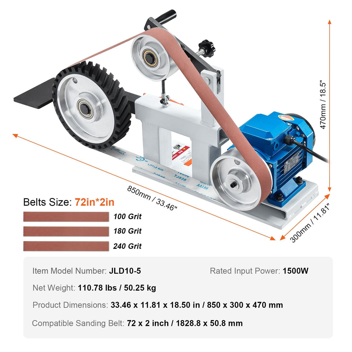 Belt Grinder Sander, 72 x 2-Inch Variable Speed Belt Polisher with VFD, 1500W 2HP Polishing Grinding Machine with 3 Grinding Moulds & 3PCS Sanding Belts for Metalworking, Knife Making