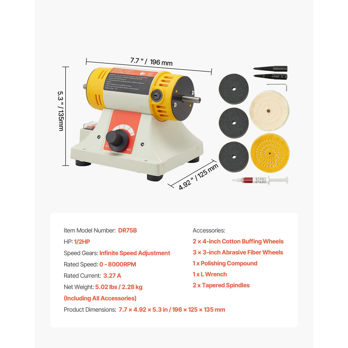 Bench Buffer Polisher, 1/2HP Polishing and Buffing Machine, 0 to 8000RPM Benchtop Polisher with 2PCS 4" Cotton Wheel, 3PCS 3" Abrasive Fiber Wheels & Polishing Compound for Metal Jewelry Wood
