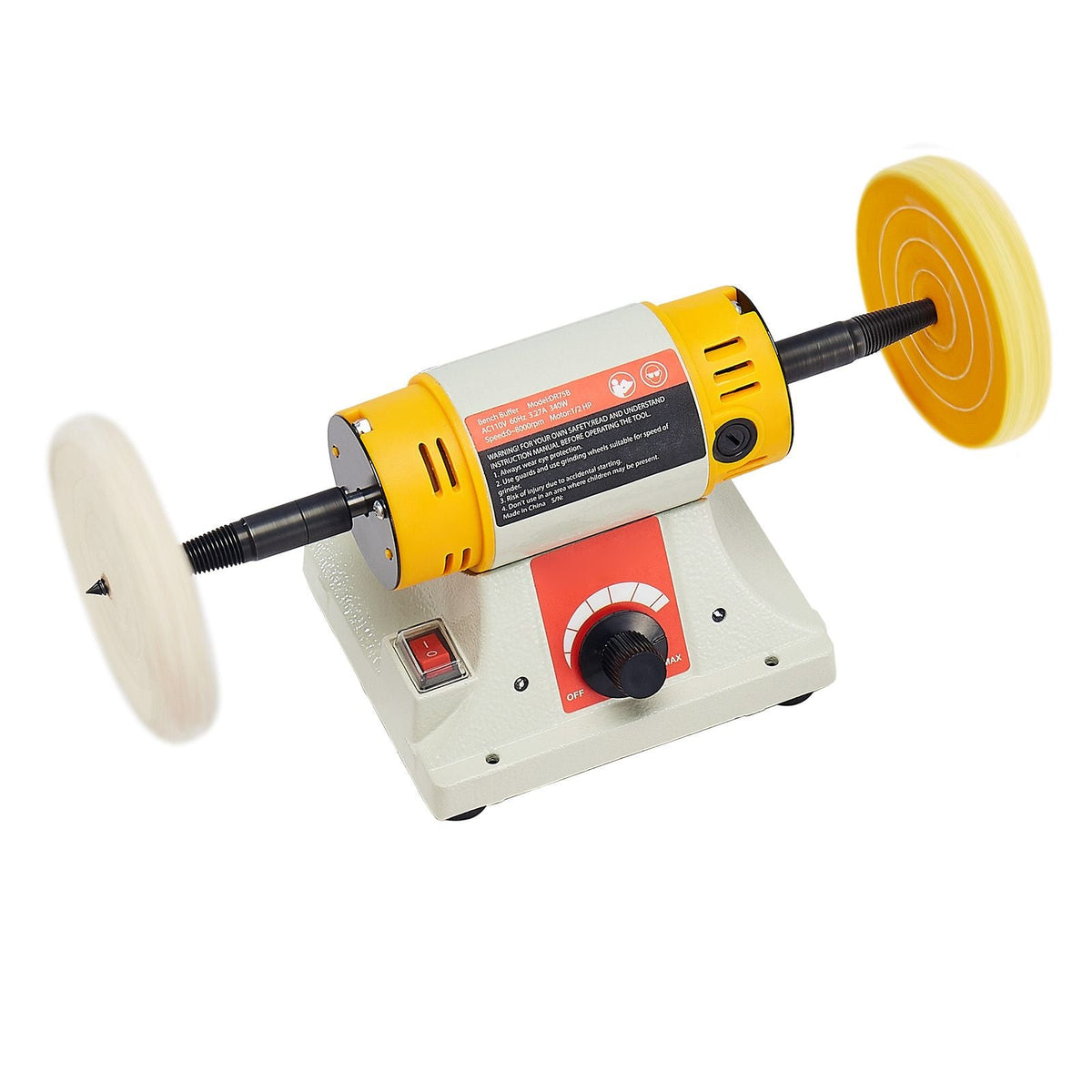 Bench Buffer Polisher, 1/2HP Polishing and Buffing Machine, 0 to 8000RPM Benchtop Polisher with 2PCS 4" Cotton Wheel, 3PCS 3" Abrasive Fiber Wheels & Polishing Compound for Metal Jewelry Wood