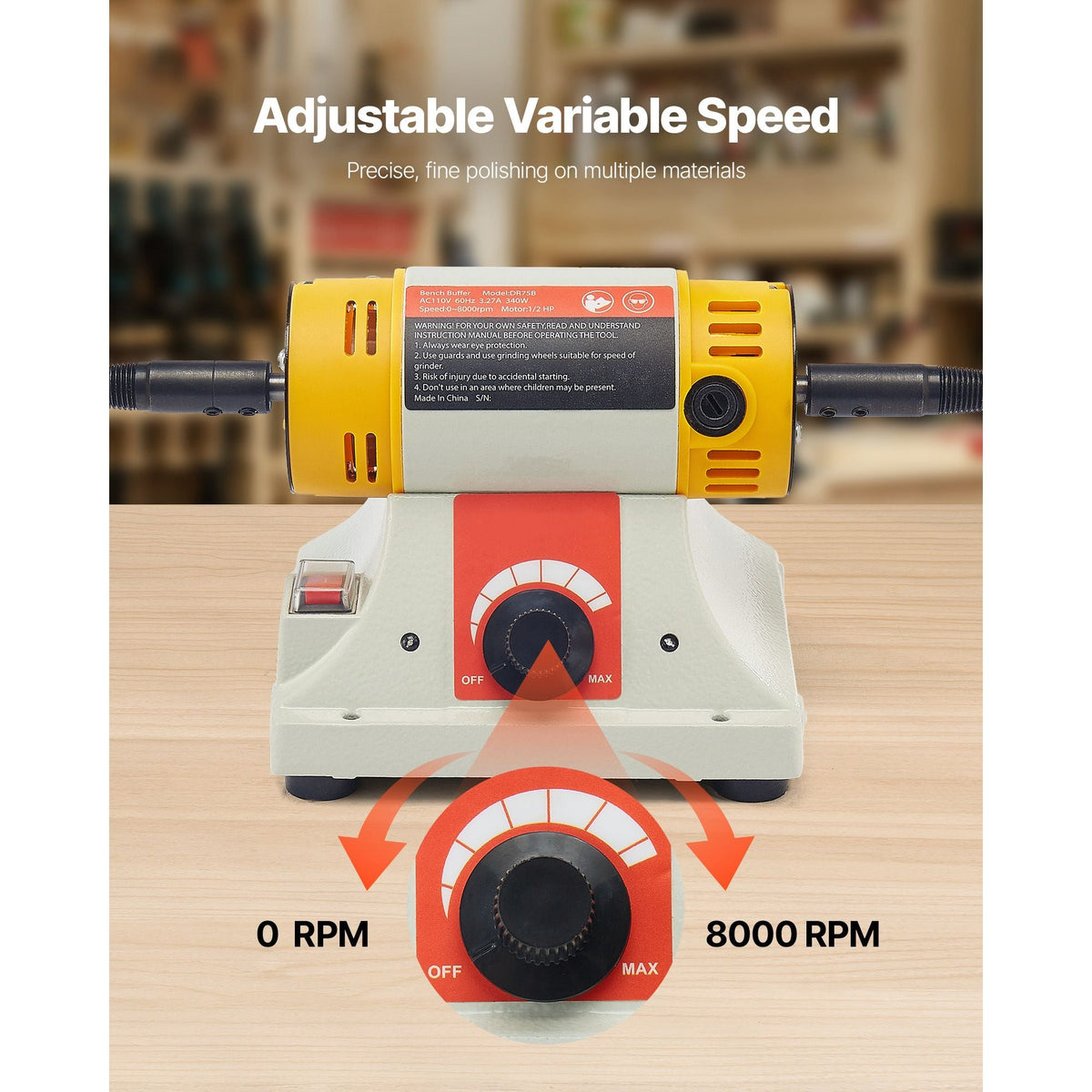 Bench Buffer Polisher, 1/2HP Polishing and Buffing Machine, 0 to 8000RPM Benchtop Polisher with 2PCS 4" Cotton Wheel, 3PCS 3" Abrasive Fiber Wheels & Polishing Compound for Metal Jewelry Wood
