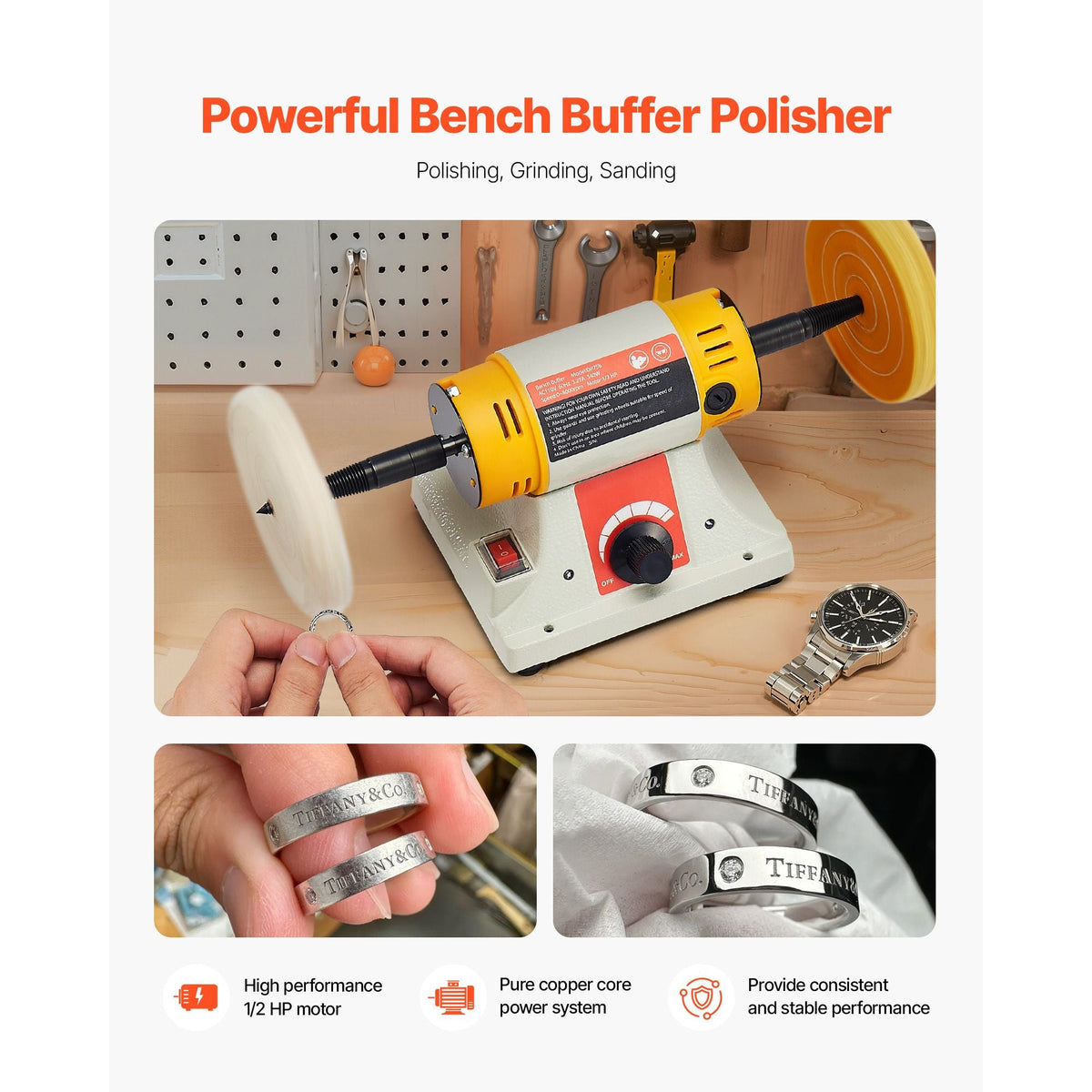 Bench Buffer Polisher, 1/2HP Polishing and Buffing Machine, 0 to 8000RPM Benchtop Polisher with 2PCS 4" Cotton Wheel, 3PCS 3" Abrasive Fiber Wheels & Polishing Compound for Metal Jewelry Wood