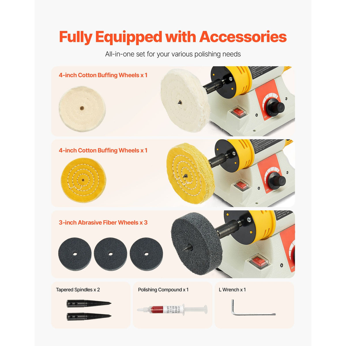 Bench Buffer Polisher, 1/2HP Polishing and Buffing Machine, 0 to 8000RPM Benchtop Polisher with 2PCS 4" Cotton Wheel, 3PCS 3" Abrasive Fiber Wheels & Polishing Compound for Metal Jewelry Wood