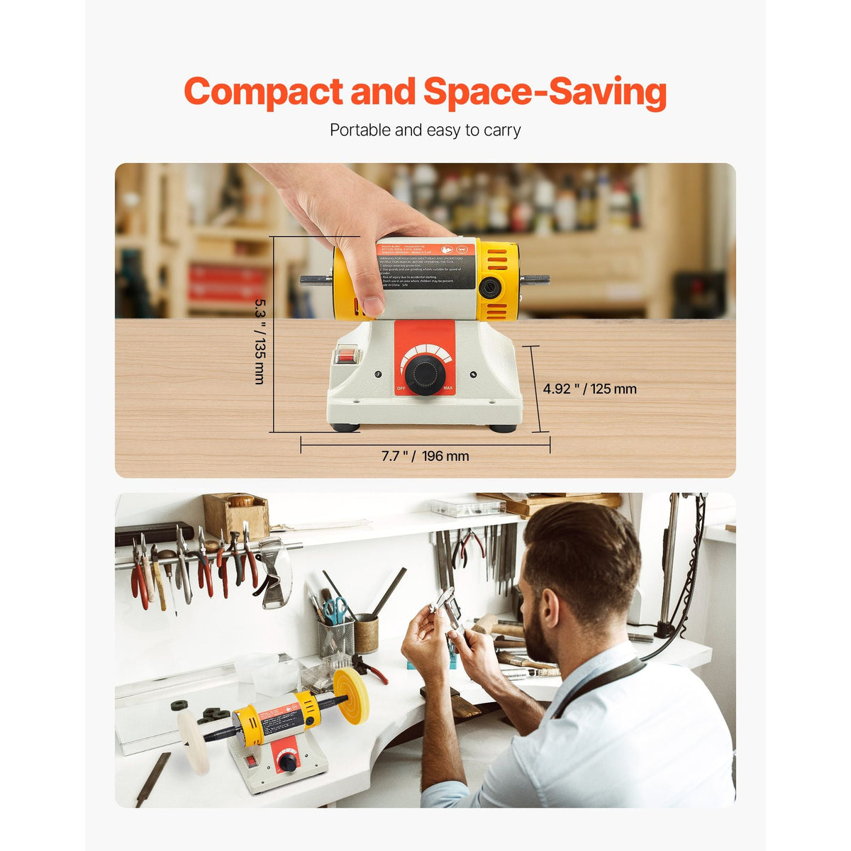 Bench Buffer Polisher, 1/2HP Polishing and Buffing Machine, 0 to 8000RPM Benchtop Polisher with 2PCS 4" Cotton Wheel, 3PCS 3" Abrasive Fiber Wheels & Polishing Compound for Metal Jewelry Wood