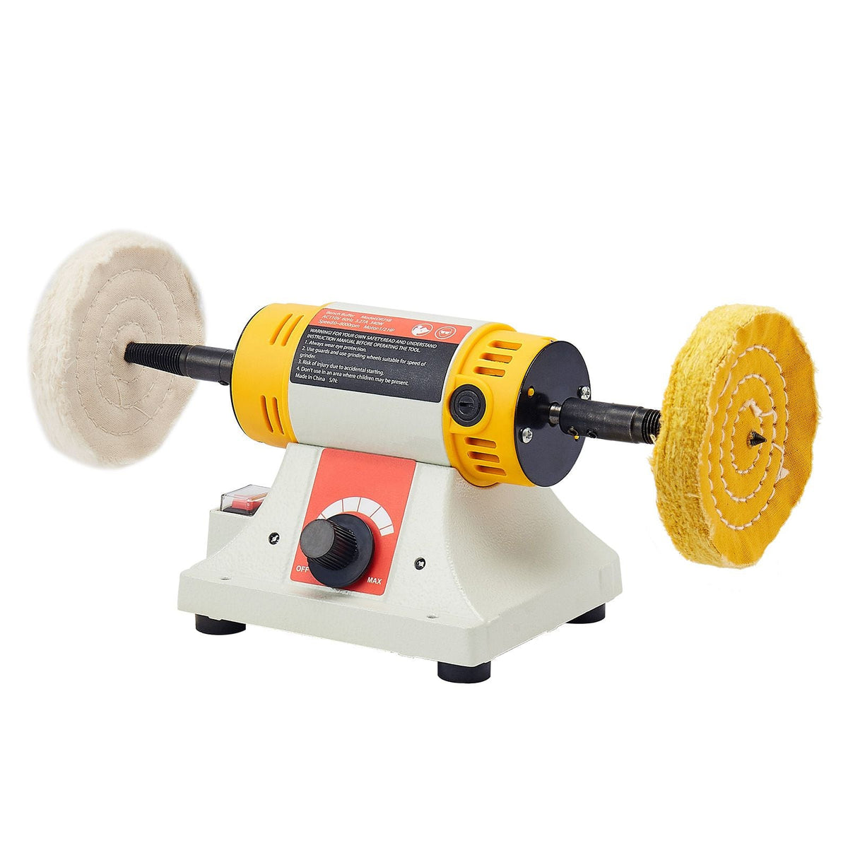 Bench Buffer Polisher, 1/2HP Polishing and Buffing Machine, 0 to 8000RPM Benchtop Polisher with 2PCS 4" Cotton Wheel, 3PCS 3" Abrasive Fiber Wheels & Polishing Compound for Metal Jewelry Wood