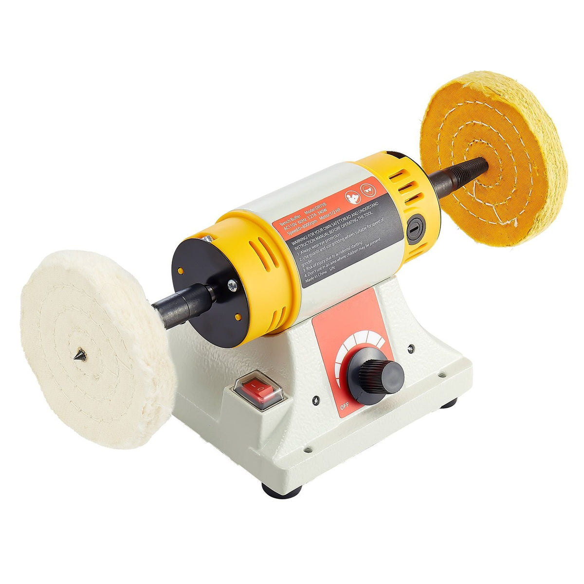 Bench Buffer Polisher, 1/2HP Polishing and Buffing Machine, 0 to 8000RPM Benchtop Polisher with 2PCS 4" Cotton Wheel, 3PCS 3" Abrasive Fiber Wheels & Polishing Compound for Metal Jewelry Wood