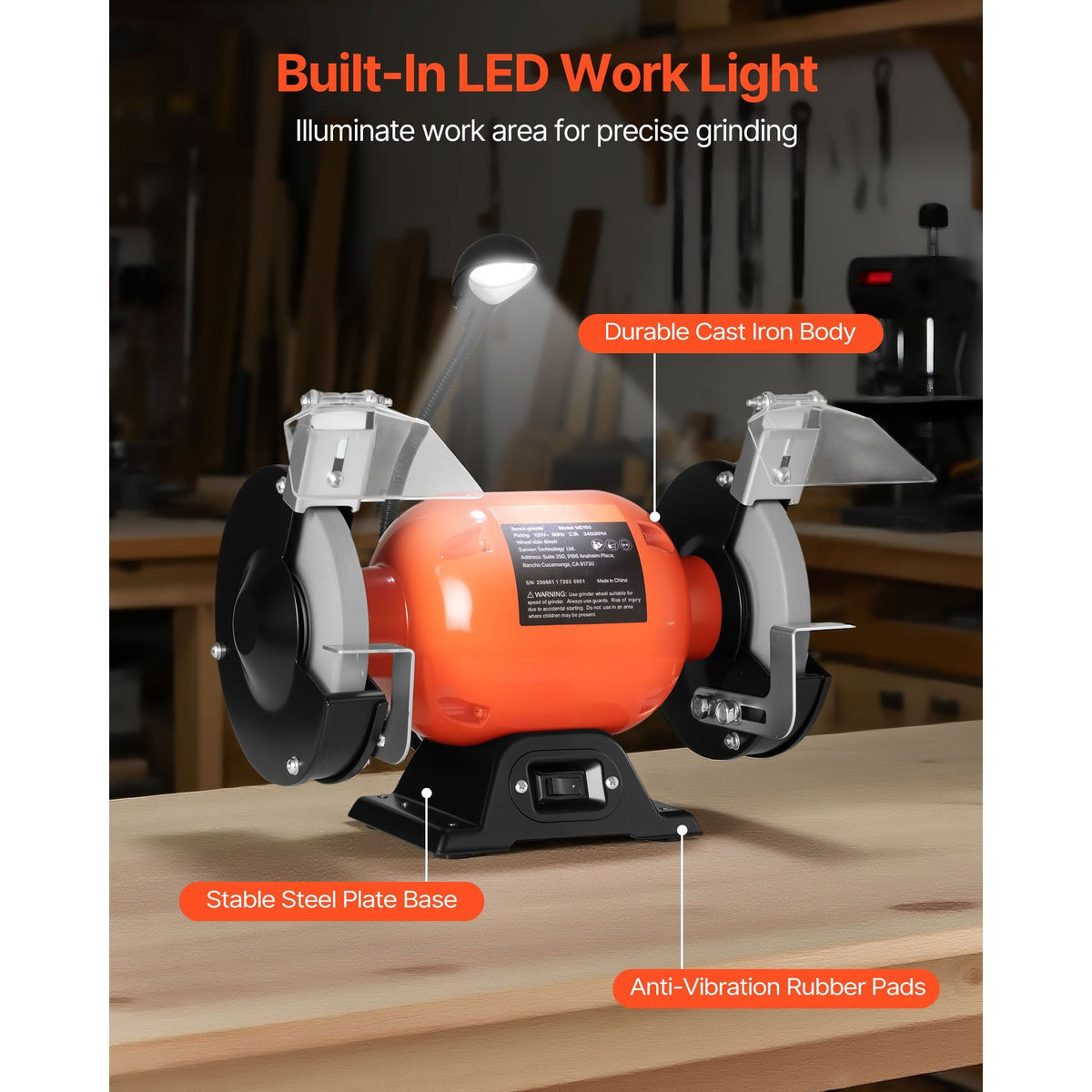 Bench Grinder, 6-inch Single Speed Bench Grinder, 3450RPM High-Speed Table Grinders with 250W 2.1A Induction Motor, 36/60-Grit Grinding Wheels & LED Work Light for Fast Sharpening Grinding