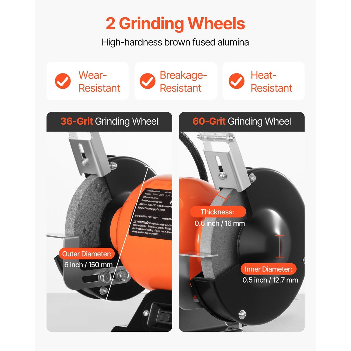 Bench Grinder, 6-inch Single Speed Bench Grinder, 3450RPM High-Speed Table Grinders with 250W 2.1A Induction Motor, 36/60-Grit Grinding Wheels & LED Work Light for Fast Sharpening Grinding