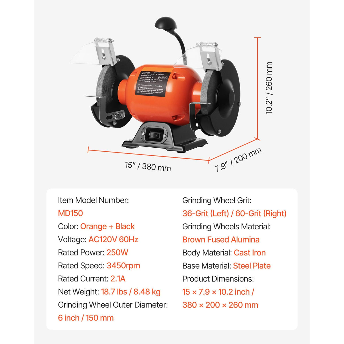 Bench Grinder, 6-inch Single Speed Bench Grinder, 3450RPM High-Speed Table Grinders with 250W 2.1A Induction Motor, 36/60-Grit Grinding Wheels & LED Work Light for Fast Sharpening Grinding