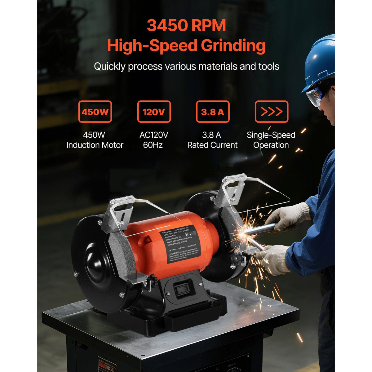 Bench Grinder, 6-inch Single Speed Bench Grinder, 3450RPM High-Speed Table Grinders with 450W 3.8A Induction Motor, 36/60-Grit Grinding Wheel & Adjustable Eye Shield for Fast Sharpening Grinding