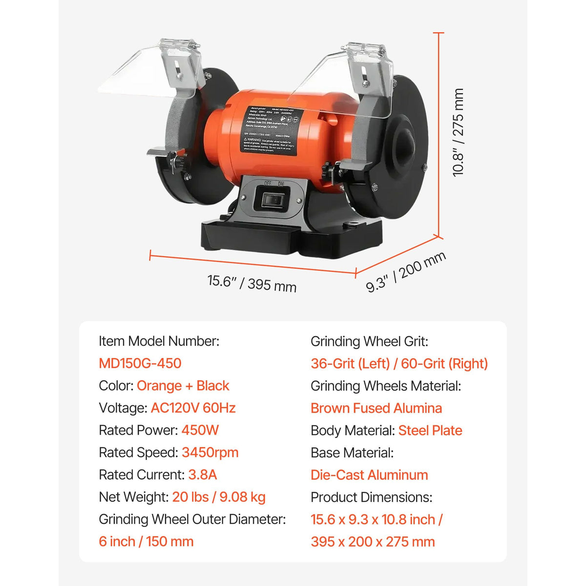 Bench Grinder, 6-inch Single Speed Bench Grinder, 3450RPM High-Speed Table Grinders with 450W 3.8A Induction Motor, 36/60-Grit Grinding Wheel & Adjustable Eye Shield for Fast Sharpening Grinding