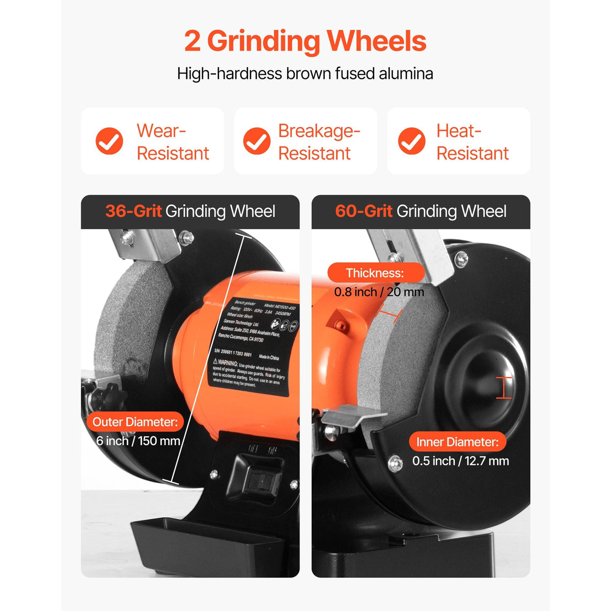 Bench Grinder, 6-inch Single Speed Bench Grinder, 3450RPM High-Speed Table Grinders with 450W 3.8A Induction Motor, 36/60-Grit Grinding Wheel & Adjustable Eye Shield for Fast Sharpening Grinding