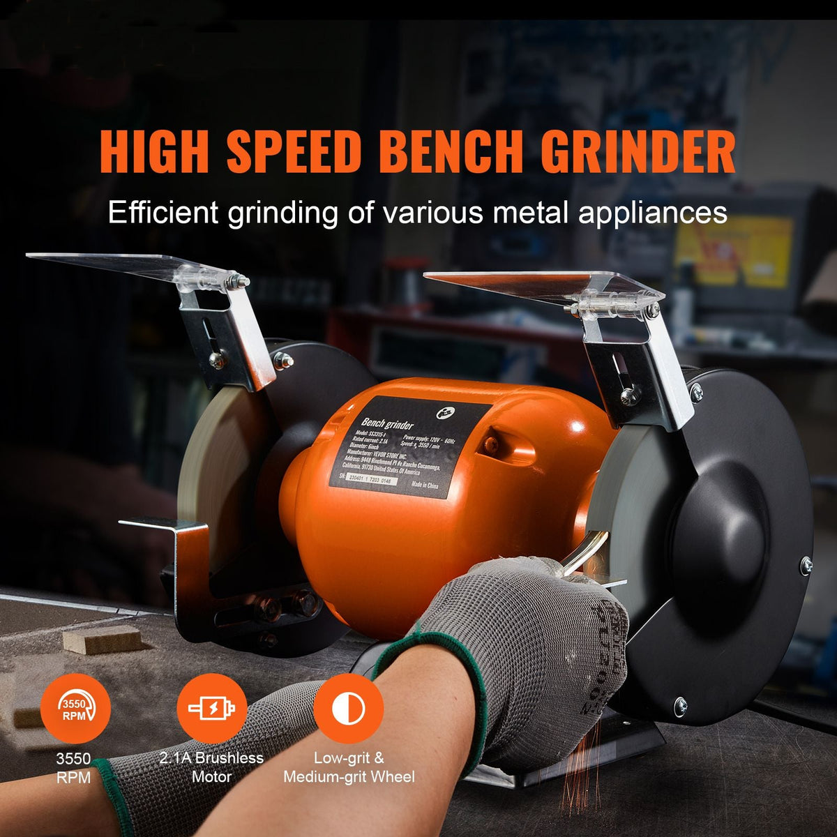 Bench Grinder, 6 inch Single Speed Bench Grinder with 2.1A Brushless Motor 3550 RPM Table Grinder with 36/80-Grit Grinding Wheels for Grinding, Sharpening Application