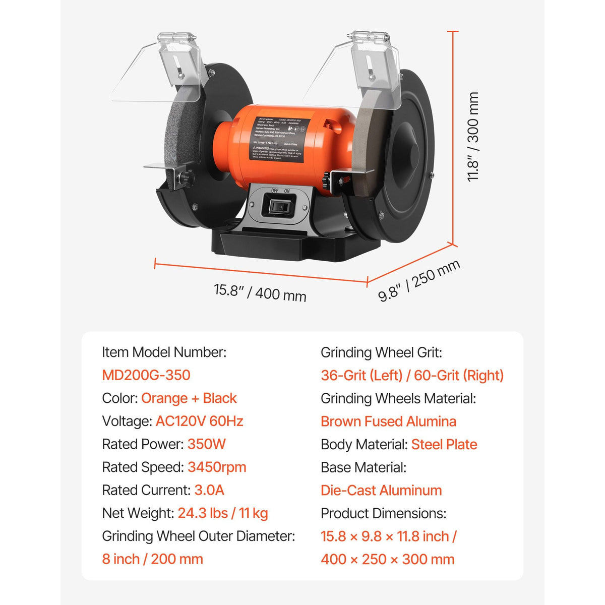 Bench Grinder, 8-inch Single Speed Bench Grinder, 3450RPM High-Speed Table Grinders with 350W 3.0A Induction Motor, 36/60-Grit Grinding Wheel & Adjustable Eye Shield for Fast Sharpening Grinding