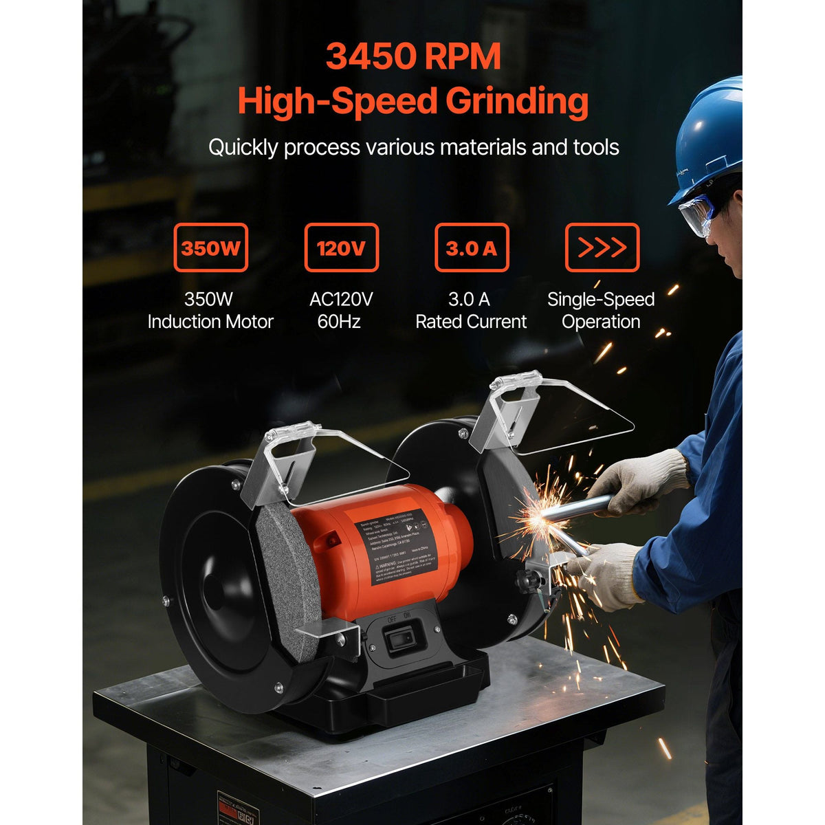 Bench Grinder, 8-inch Single Speed Bench Grinder, 3450RPM High-Speed Table Grinders with 350W 3.0A Induction Motor, 36/60-Grit Grinding Wheel & Adjustable Eye Shield for Fast Sharpening Grinding
