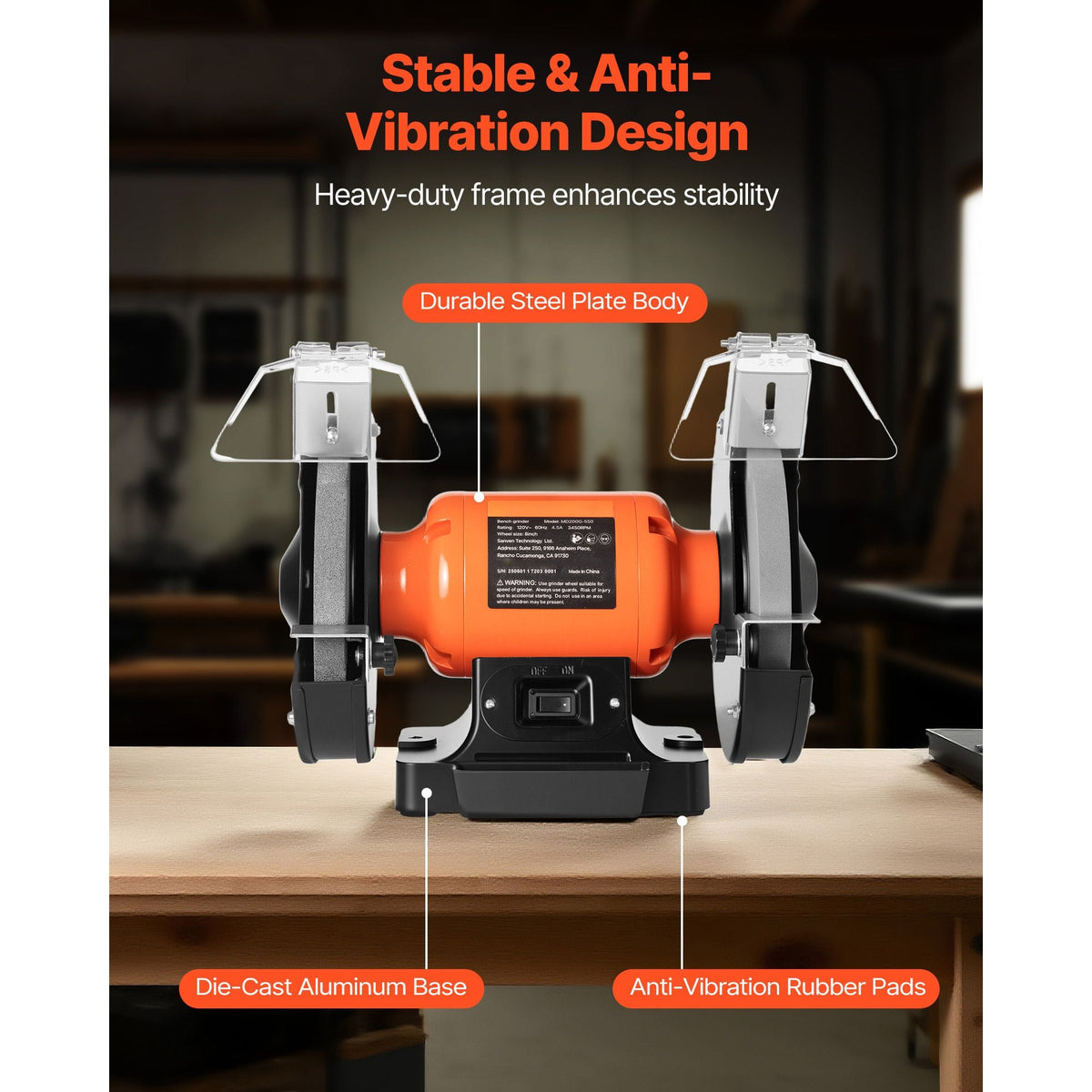 Bench Grinder, 8-inch Single Speed Bench Grinder, 3450RPM High-Speed Table Grinders with 550W 4.5A Induction Motor, 36/60-Grit Grinding Wheel & Adjustable Eye Shield for Fast Sharpening Grinding