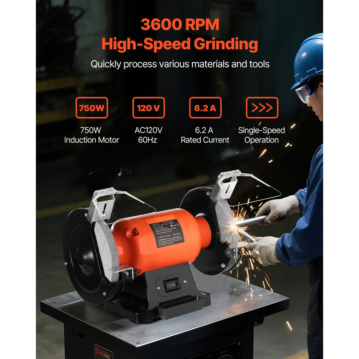 Bench Grinder, 8-inch Single Speed Bench Grinder, 3450RPM High-Speed Table Grinders with 750W 6.2A Induction Motor, 36/60-Grit Grinding Wheel & Adjustable Eye Shield for Fast Sharpening Grinding