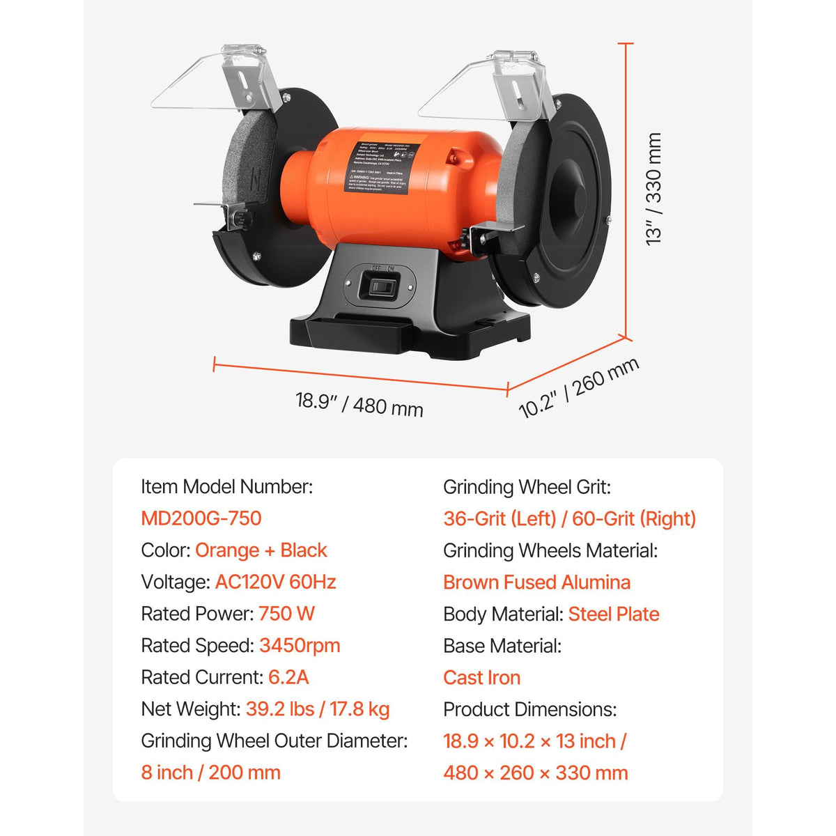 Bench Grinder, 8-inch Single Speed Bench Grinder, 3450RPM High-Speed Table Grinders with 750W 6.2A Induction Motor, 36/60-Grit Grinding Wheel & Adjustable Eye Shield for Fast Sharpening Grinding