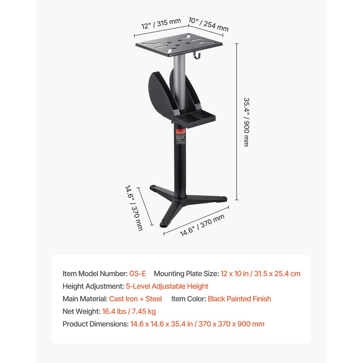 Bench Grinder Stand, Bench Grinder Vise Floor Pedestal with 12" x 10" Mounting Plate, 5-Level Height Adjustable Pedestal Stand with Grinding Wheel Storage Compartment & Heavy-Duty Cast Iron Base