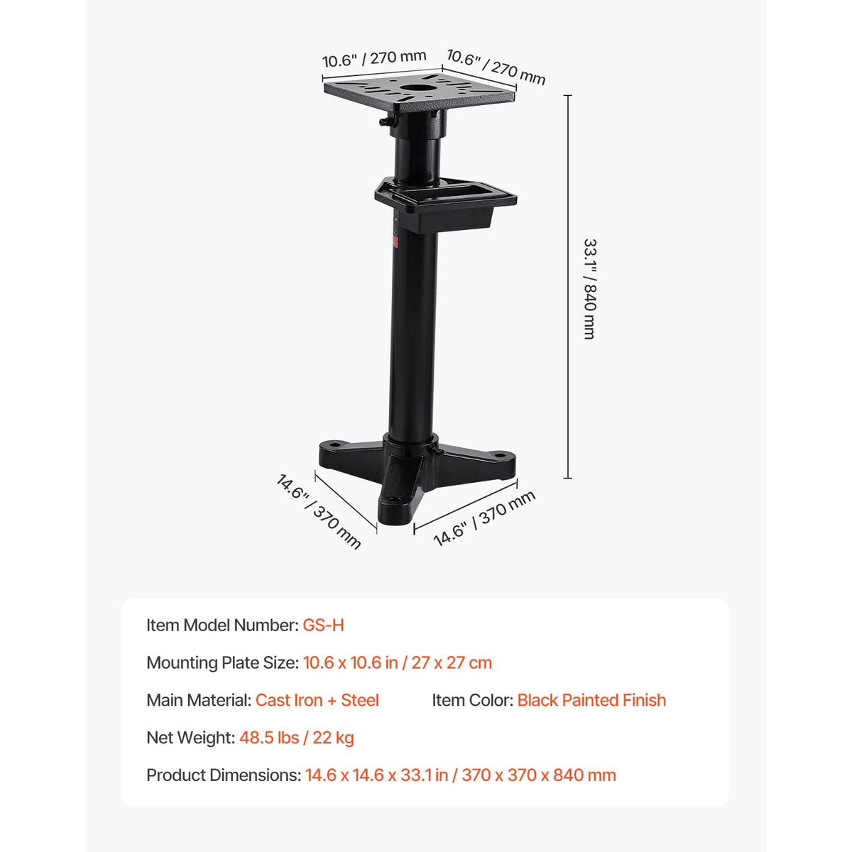 Bench Grinder Stand, Heavy-Duty Bench Grinder and Vise Floor Pedestal with 10.6" x 10.6" Mounting Plate, Pre-Cut Mounting Slots & Water Pot, Compatible with Most Bench Grinders